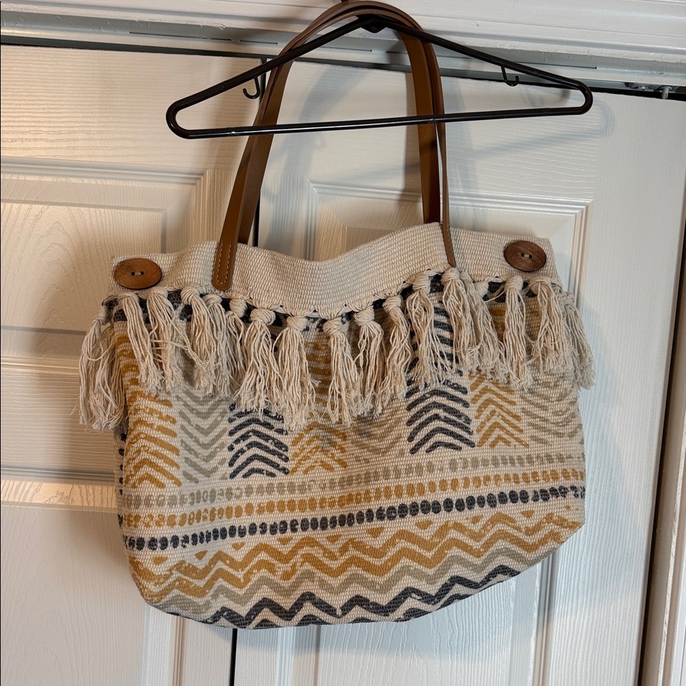 Boho Fringe Tote Bag - Tan and Cream